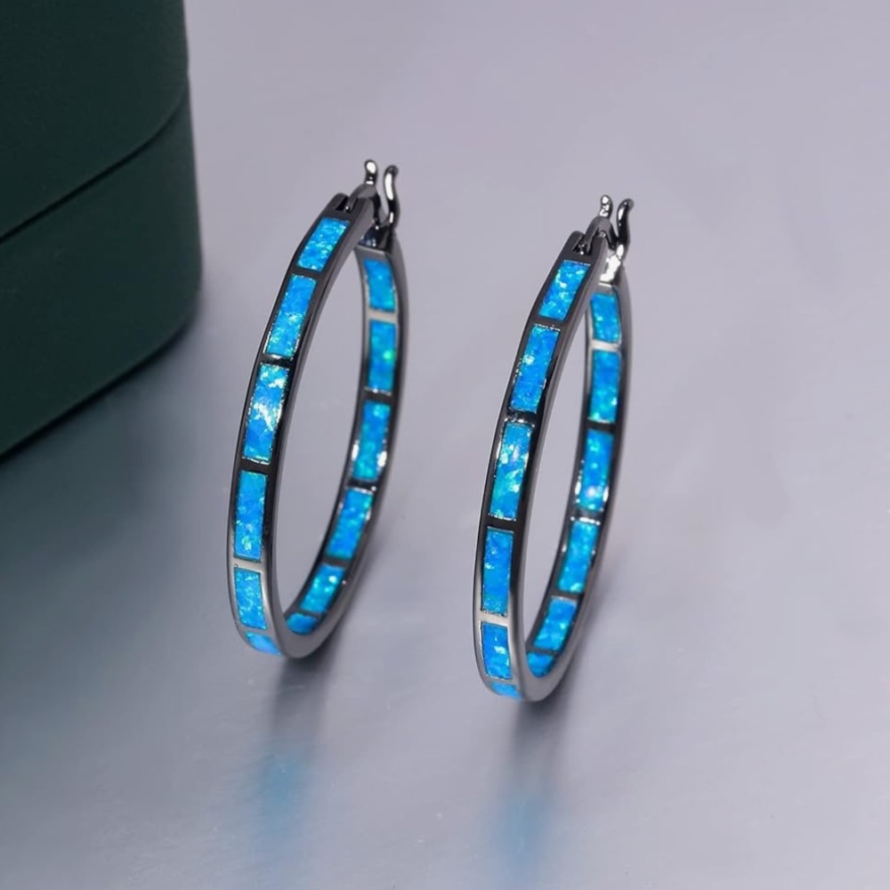 Blue Opal Inlay Gunmetal Hoop Earrings